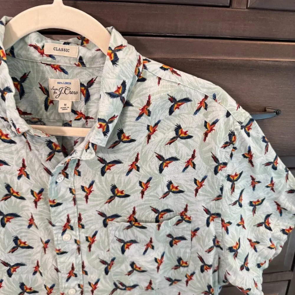 J.Crew 100% Linen Parrot Print Short Sleeve Button Down Shirt Men’s M Tropical